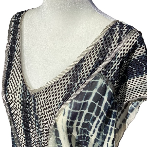 Burning Torch Upcycled Silk Blouse in Tie Dye Indigo on light Gray mesh detail - Picture 10 of 16